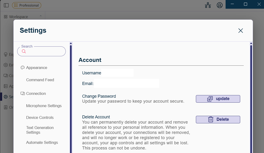 The Cephable account settings screen showing the signed-in user and their plan