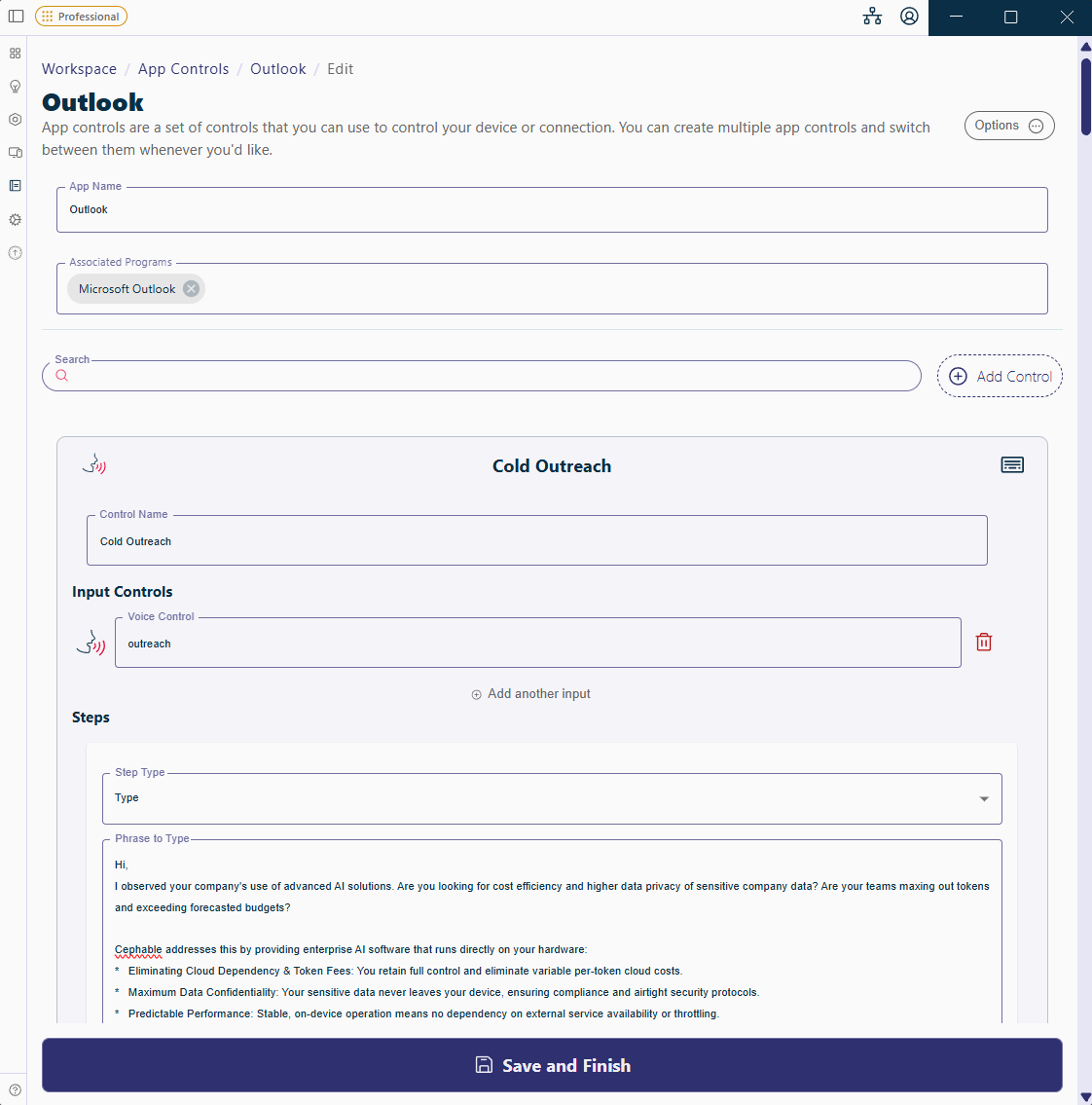 The Cephable App Controls editor showing a voice command mapped to a key press action