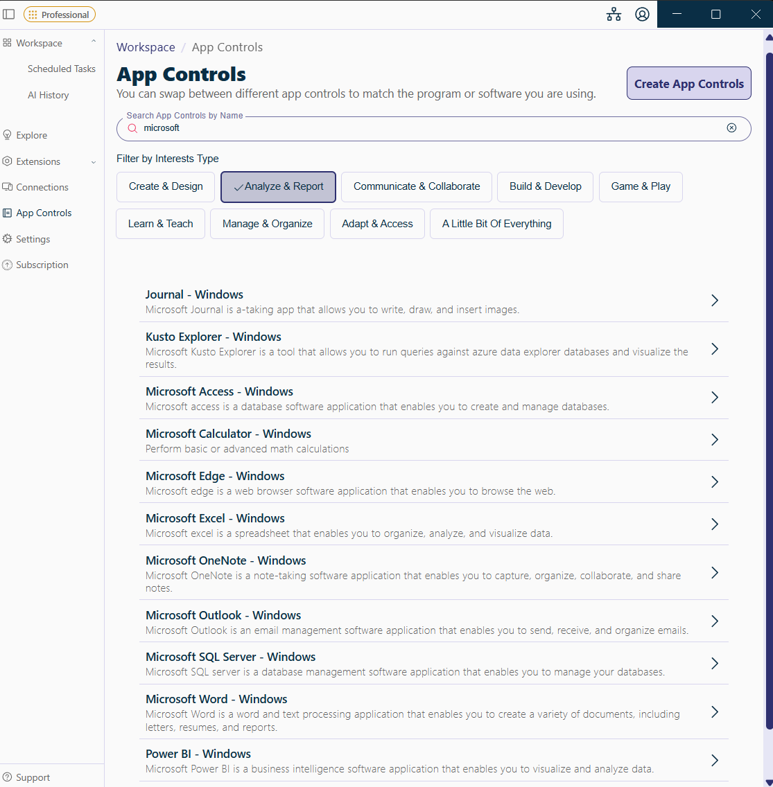 The App Controls list in Cephable showing several sets of controls with their names and descriptions