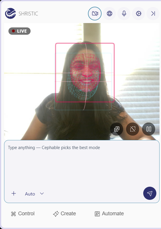 The Cephable Panel with the camera on, showing a LIVE badge, face lines over the user's face, and the baseline, face lines, and pause buttons at the bottom right of the picture