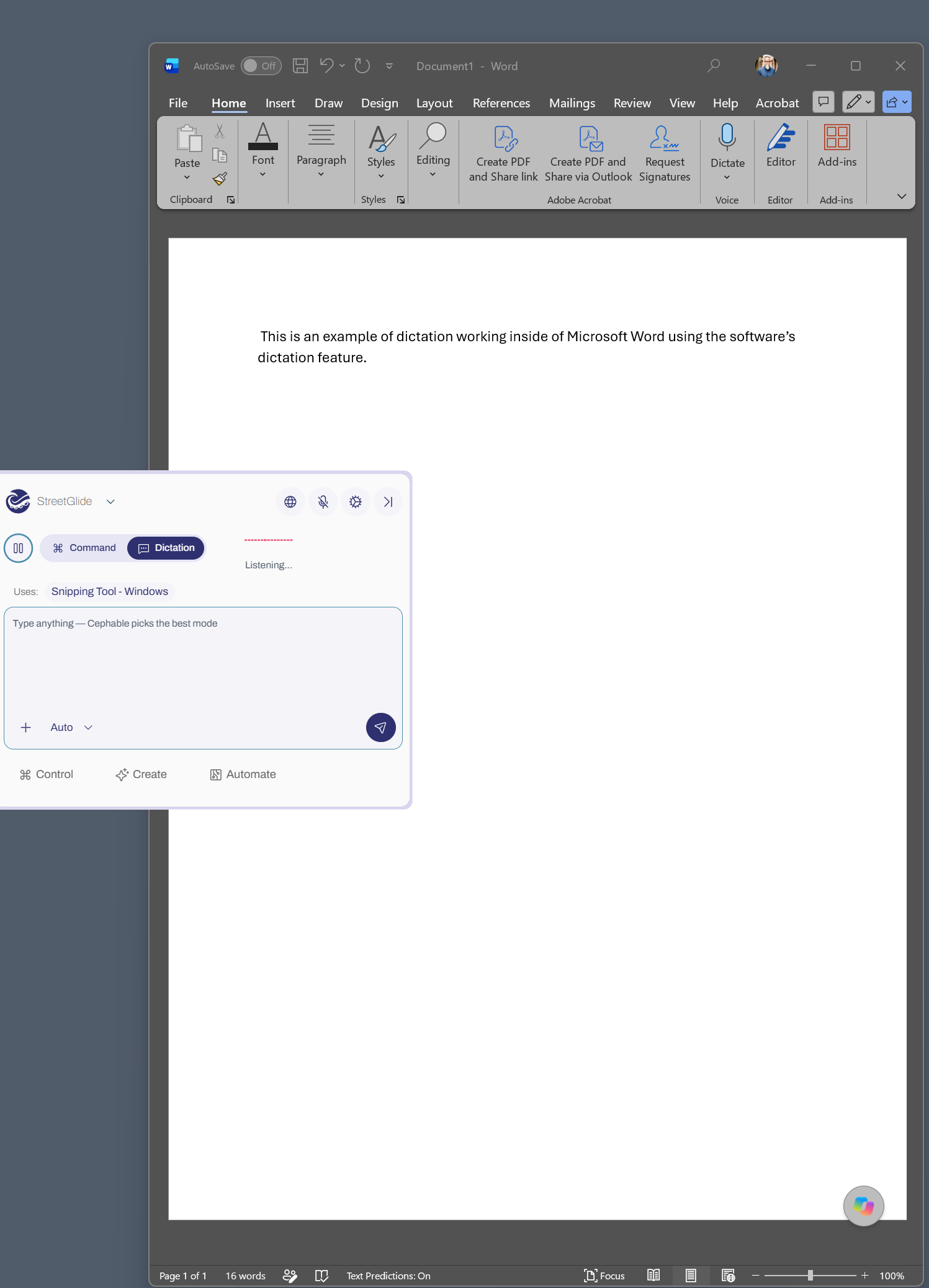 The Cephable Panel in dictation mode showing transcribed text being typed