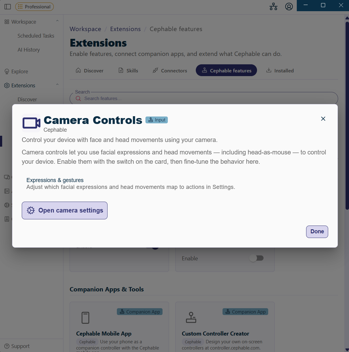 The Camera Controls extension page in Cephable, showing the enable toggle and a link to camera settings