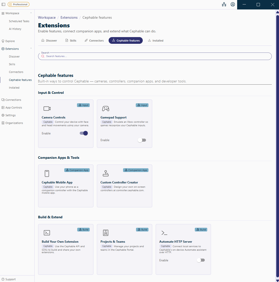 The Extensions page in the Cephable Workspace on the Cephable features tab, with the Camera Controls card and its Enable switch under Input and Control