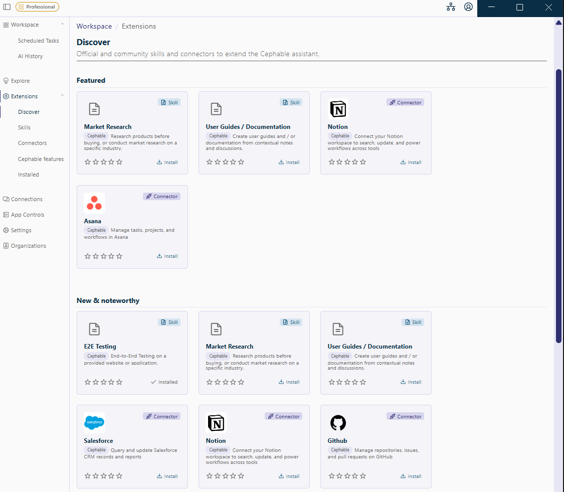 The Cephable Extensions page showing available features grouped by category