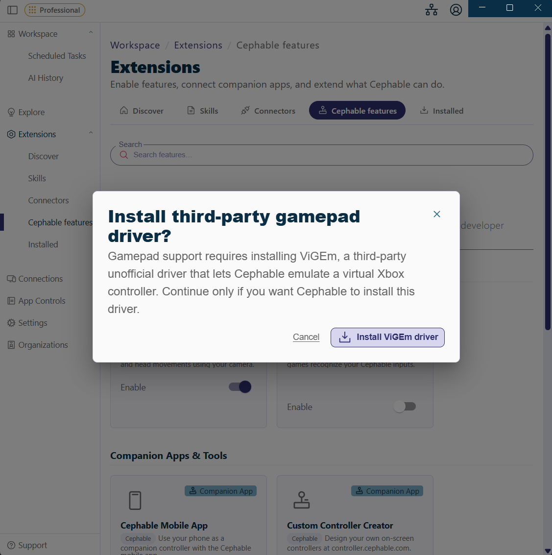 The Gamepad Support extension page in Cephable explaining the ViGEm driver requirement