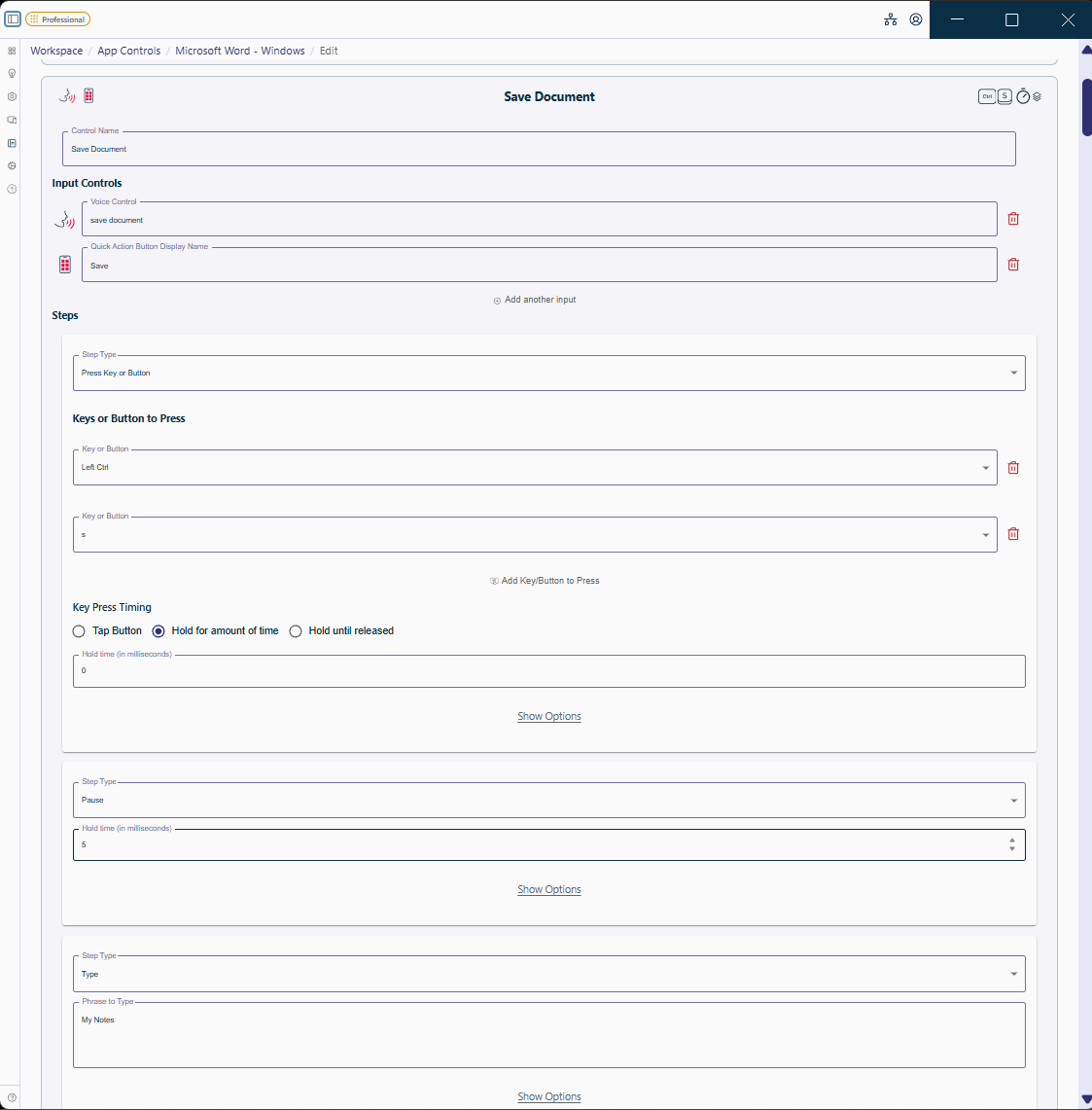 The Cephable macro editor showing a sequence of key press, pause, and type steps