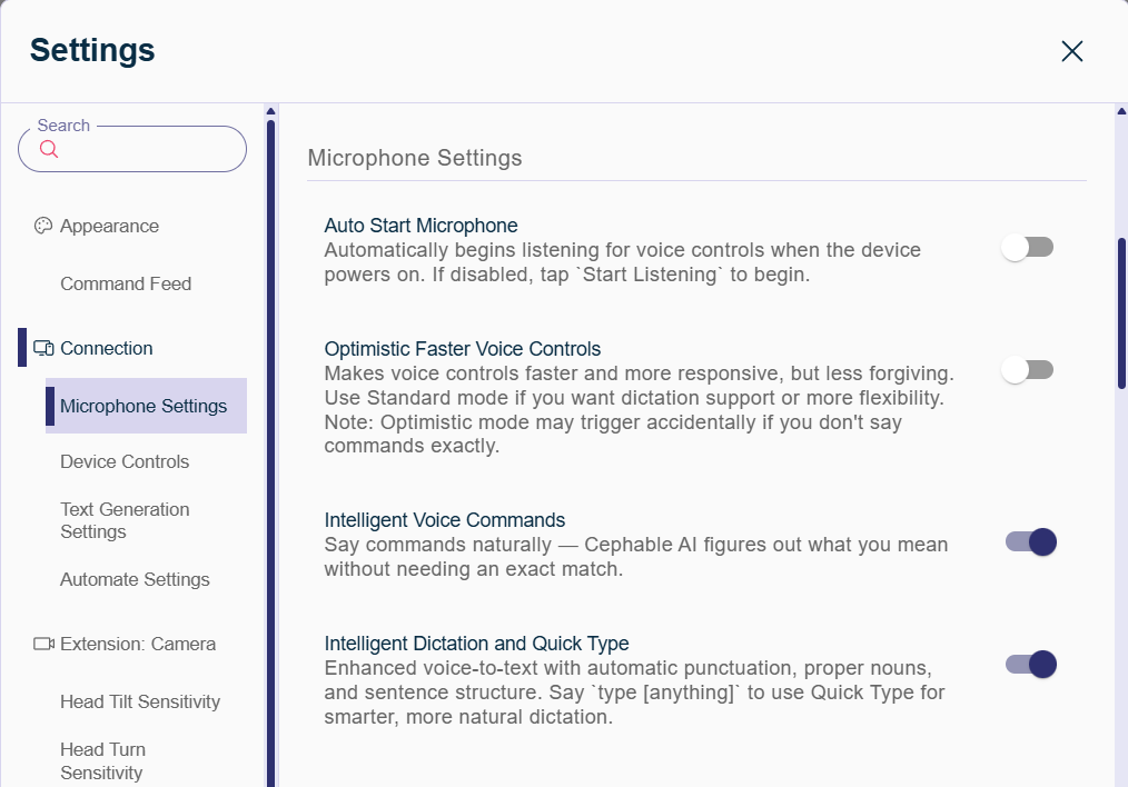 Cephable microphone settings showing auto start, optimistic voice controls, intelligent voice commands, and intelligent dictation options