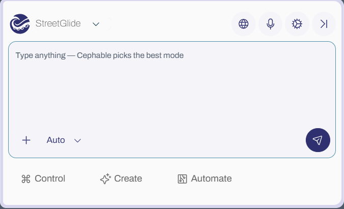 The Cephable Panel showing the Control, Create, and Automate tabs above the composer