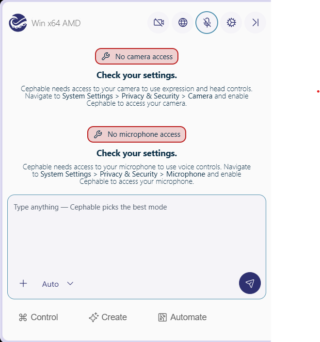 The Cephable Panel showing No camera access and No microphone access messages, each with instructions to allow access in system settings