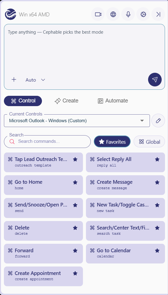 The Control tab of the Cephable Panel with the Favorites filter on, showing starred controls for Microsoft Outlook
