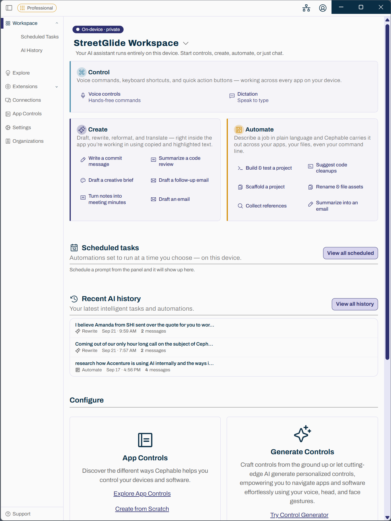 The Cephable Workspace showing Control, Create, and Automate cards