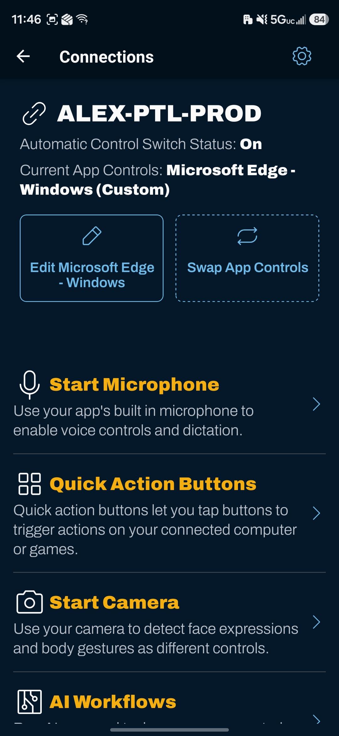 The Cephable mobile app showing quick action buttons for a connected device