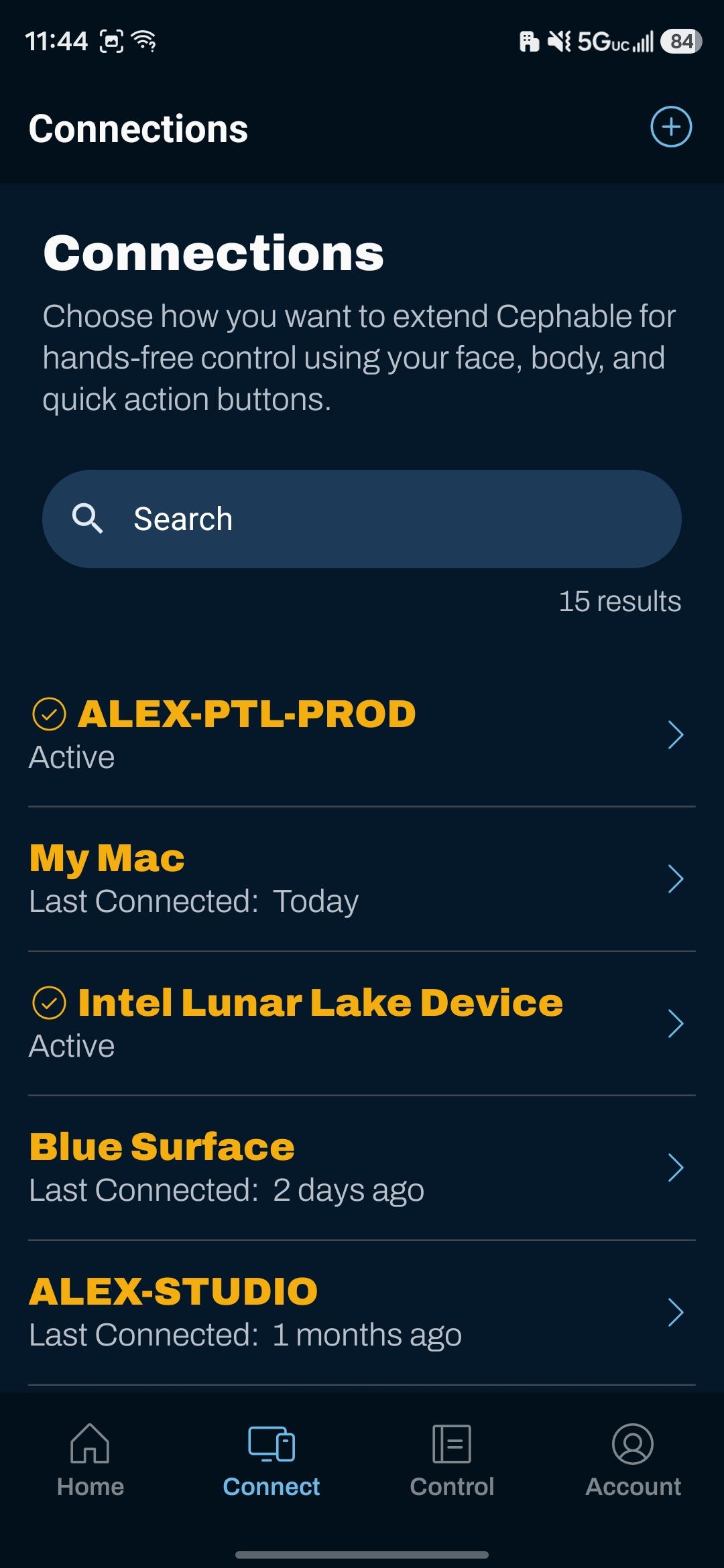 The Cephable mobile app devices tab showing a connected computer