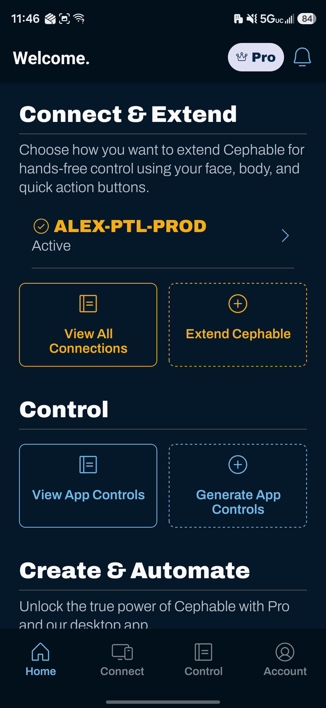 The Cephable mobile app home screen